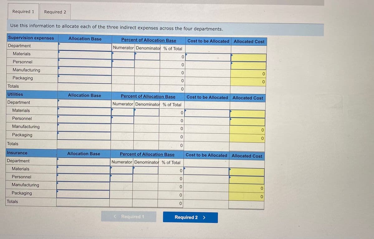 Required 1
Required 2
Use this information to allocate each of the three indirect expenses across the four departments.
Supervision expenses
Allocation Base
Percent of Allocation Base
Cost to be Allocated Allocated Cost
Department
Numerator Denominator % of Total
Materials
Personnel
Manufacturing
Packaging
Totals
Utilities
Allocation Base
Percent of Allocation Base
Cost to be Allocated
Allocated Cost
Department
Numerator Denominator % of Total
Materials
Personnel
Manufacturing
Packaging
Totals
Insurance
Allocation Base
Percent of Allocation Base
Cost to be Allocated Allocated Cost
Department
Numerator Denominator % of Total
Materials
Personnel
Manufacturing
Packaging
Totals
< Required 1
Required 2 >
