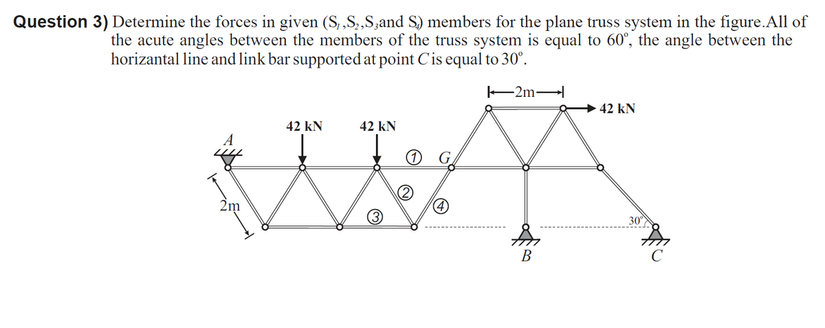 Question 3) Determine the forces in given (S,,S,,S,and S) members for the plane truss system in the figure.All of
the acute angles between the members of the truss system is equal to 60°, the angle between the
horizantal line and link bar supported at point Cis equal to 30°.
2m-
→42 kN
42 kN
42 kN
O G
2
2m
30°
В
C
