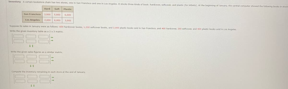 Inventory A certain bookstore chain has two stores, one in San Francisco and one in Los Angeles. It stocks three kinds of book: hardcover, softcover, and plastic (for infants). At the beginning of January, the central computer showed the following books in stock
Soft Plastic
San Francisco 3,000 5,000 6,000
Los Angeles 2.000 6,000 3,000
Hard
Suppose its sales in January were as follows: 600 hardcover books, 1,200 softcover books, and 2,000 plastic books sold in San Francisco, and 400 hardcover, 200 softcover, and 400 plastic books sold in Los Angeles.
Write the given inventory table as a 2 x 3 matrix.
↓1
Write the given sales figures as a similar matrix.
↓1
Compute the inventory remaining in each store at the end of January.
↓t