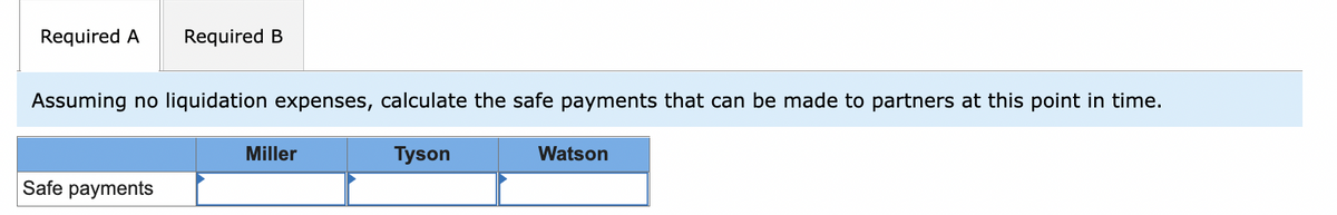 ### Partner Safe Payments Calculation

**Task:** Assuming no liquidation expenses, calculate the safe payments that can be made to partners at this point in time.

#### Table: Safe Payments to Partners

|           | Miller    | Tyson    | Watson  |
|-----------|-----------|----------|---------|
| **Safe payments** | [Blank]   | [Blank]  | [Blank] |

**Explanation:** 
This table is designed to calculate the safe payments that can be disbursed to each partner in a business partnership given that there are no liquidation expenses. The columns are labeled with the partners' names: Miller, Tyson, and Watson. The rows correspond to the type of financial transaction, in this case, safe payments. These calculated safe payments are intended to ensure that each partner receives an equitable share without the risk of insufficient funds during the distribution process. Please populate the cells with the appropriate values based on the partnership agreement and available funds.