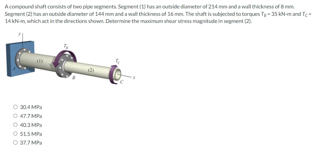 A compound shaft consists of two pipe segments. Segment (1) has an outside diameter of 214 mm and a wall thickness of 8 mm.
Segment (2) has an outside diameter of 144 mm and a wall thickness of 16 mm. The shaft is subjected to torques TB = 35 kN-m and Tc =
14 kN-m, which act in the directions shown. Determine the maximum shear stress magnitude in segment (2).
O 30.4 MPa
O 47.7 MPa
O 40.3 MPa
O 51.5 MPa
O 37.7 MPa
B
Tc
C