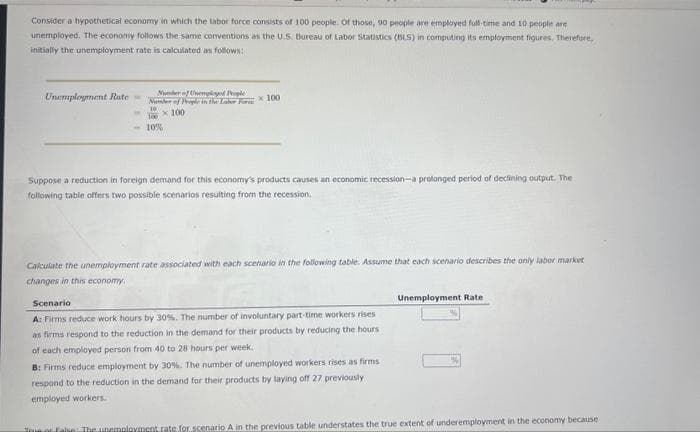 Consider a hypothetical economy in which the labor force consists of 100 people. Of those, 90 people are employed full-time and 10 people are
unemployed. The economy follows the same conventions as the U.S. Bureau of Labor Statistics (BLS) in computing its employment figures. Therefore,
initially the unemployment rate is calculated as follows:
Unemployment Rate -
Number of Unemployed People
Number of People in the Laber Far 100
10
X100
10%
Suppose a reduction in foreign demand for this economy's products causes an economic recession-a prolonged period of declining output. The
following table offers two possible scenarios resulting from the recession.
Calculate the unemployment rate associated with each scenario in the following table. Assume that each scenario describes the only labor market
changes in this economy.
Scenario
A: Firms reduce work hours by 30%. The number of involuntary part-time workers rises
as firms respond to the reduction in the demand for their products by reducing the hours
of each employed person from 40 to 28 hours per week.
Unemployment Rate
B: Firms reduce employment by 30%. The number of unemployed workers rises as firms
respond to the reduction in the demand for their products by laying off 27 previously
employed workers.
Tom of faire The unemployment rate for scenario A in the previous table understates the true extent of underemployment in the economy because