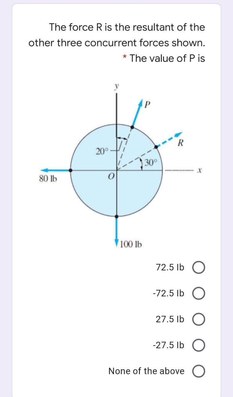 The force R is the resultant of the
other three concurrent forces shown.
* The value of P is
R
20°
30°
80 lb
100 lb
72.5 Ib O
-72.5 Ib O
27.5 Ib O
-27.5 Ib O
None of the above O
