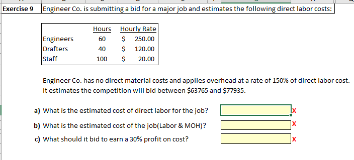 Exercise 9
Engineer Co. is submitting a bid for a major job and estimates the following direct labor costs:
Engineers
Drafters
Staff
Hourly Rate
Hours
60 $ 250.00
40
$ 120.00
100
$
20.00
Engineer Co. has no direct material costs and applies overhead at a rate of 150% of direct labor cost.
It estimates the competition will bid between $63765 and $77935.
a) What is the estimated cost of direct labor for the job?
b) What is the estimated cost of the job(Labor & MOH)?
c) What should it bid to earn a 30% profit on cost?
JU
X
IX