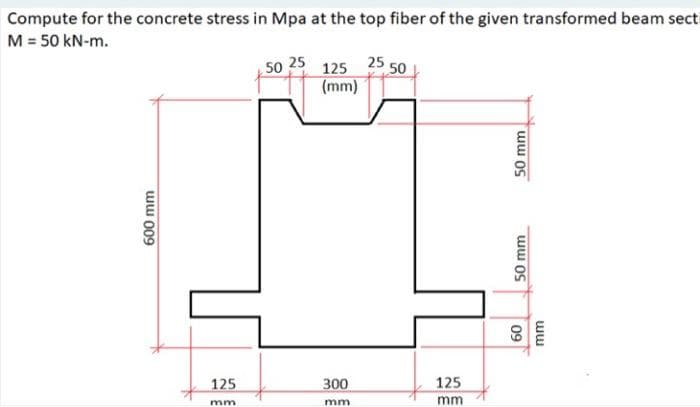 Compute for the concrete stress in Mpa at the top fiber of the given transformed beam sect
M = 50 kN-m.
50 25 125 25 50
(mm)
125
300
125
mm
mm
mm
ww Os
09
50 mm
ww 009
