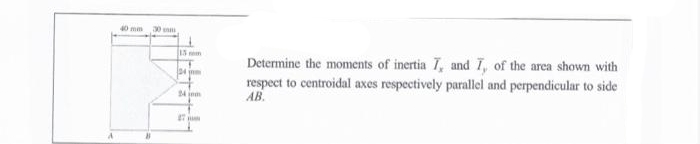 40 mm 30 m
13 m
24 j
24 jam
27
Determine the moments of inertia I, and I, of the area shown with
respect to centroidal axes respectively parallel and perpendicular to side
AB.