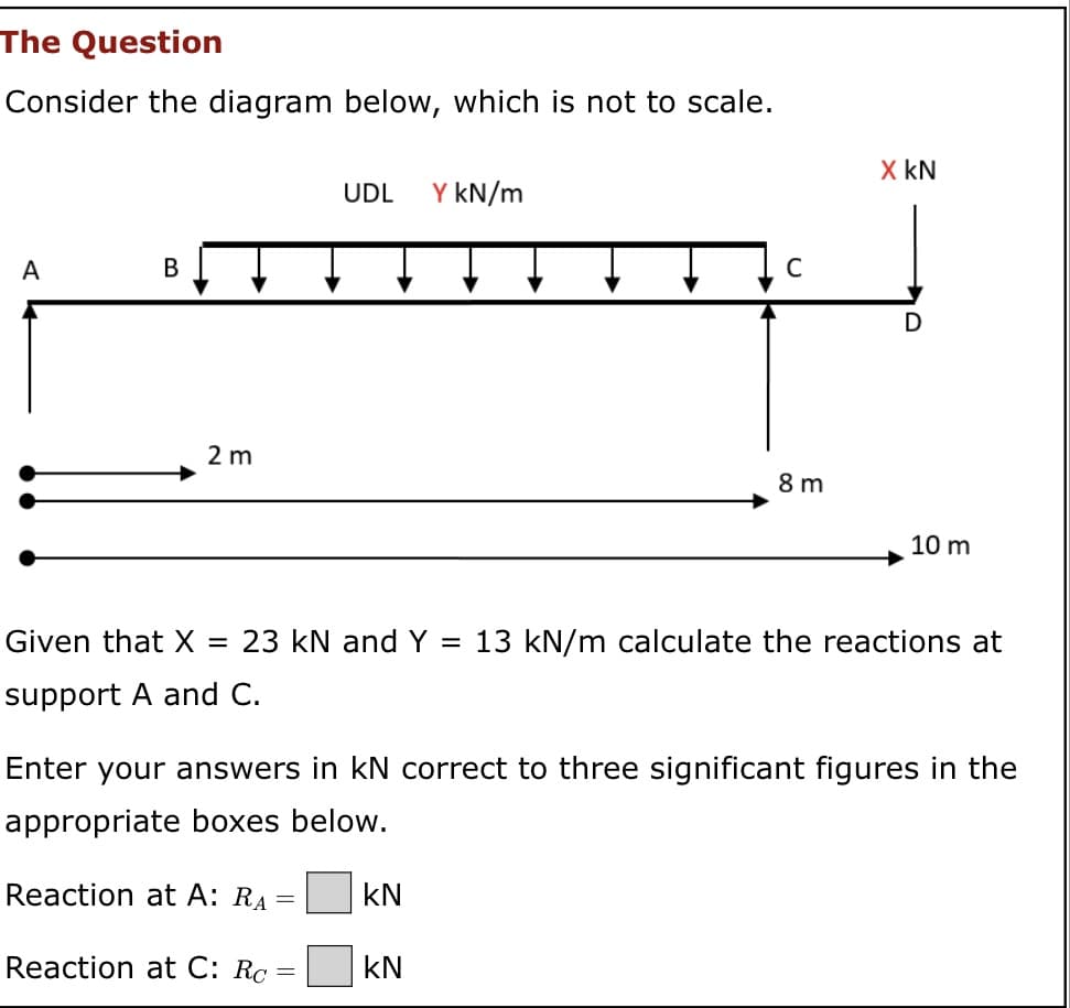 The Question
Consider the diagram below, which is not to scale.
A B
2 m
Reaction at A: RA
Reaction at C: Rc
UDL Y kN/m
=
=
Given that X = 23 kN and Y = 13 kN/m calculate the reactions at
support A and C.
C
Enter your answers in kN correct to three significant figures in the
appropriate boxes below.
KN
8m
KN
X KN
D
10 m