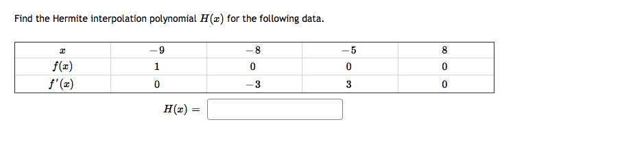 Find the Hermite interpolation polynomial H(x) for the following data.
- 8
5
8
f(æ)
1
f'(x)
- 3
3
H(x) =
