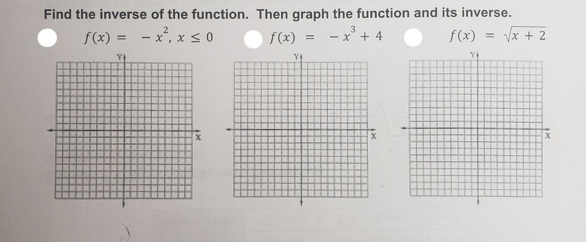 Find the inverse of the function.
2
f(x) =
- x², x ≤ 0
<
Then graph the function and its inverse.
3
f(x)
- x +4
f(x)
=
=
√√x + 2
24
X