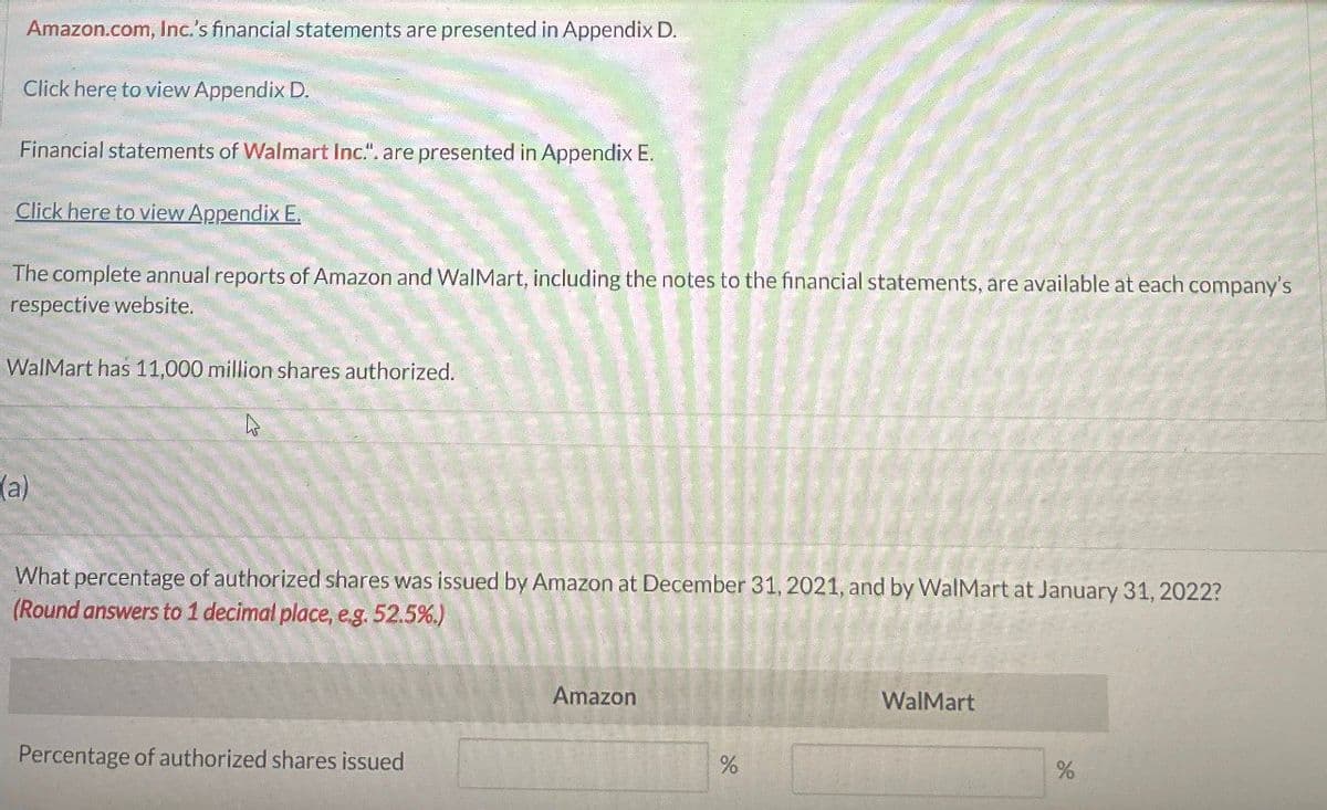 Amazon.com, Inc.'s financial statements are presented in Appendix D.
Click here to view Appendix D.
Financial statements of Walmart Inc.". are presented in Appendix E.
Click here to view Appendix E.
The complete annual reports of Amazon and WalMart, including the notes to the financial statements, are available at each company's
respective website.
WalMart has 11,000 million shares authorized.
(a)
What percentage of authorized shares was issued by Amazon at December 31, 2021, and by WalMart at January 31, 2022?
(Round answers to 1 decimal place, e.g. 52.5%.)
Amazon
WalMart
Percentage of authorized shares issued
%
%