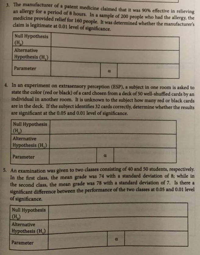 3. The manufacturer of a patent medicine claimed that it was 90% effective in relieving
an allergy for a period of 8 hours. In a sample of 200 people who had the allergy, the
medicine provided relief for 160 people. It was determined whether the manufacturer's
claim is legitimate at 0.01 level of significance.
Null Hypothesis
(H₂)
Alternative
Hypothesis (H₁)
Parameter
a
4. In an experiment on extrasensory perception (ESP), a subject in one room is asked to
state the color (red or black) of a card chosen from a deck of 50 well-shuffled cards by an
individual in another room. It is unknown to the subject how many red or black cards
are in the deck. If the subject identifies 32 cards correctly, determine whether the results
are significant at the 0.05 and 0.01 level of significance.
Null Hypothesis
(H₂)
Alternative
Hypothesis (H₁)
a
Parameter
5. An examination was given to two classes consisting of 40 and 50 students, respectively.
In the first class, the mean grade was 74 with a standard deviation of 8; while in
the second class, the mean grade was 78 with a standard deviation of 7. Is there a
significant difference between the performance of the two classes at 0.05 and 0.01 level
of significance.
Null Hypothesis
(H)
Alternative
Hypothesis (H)
a
Parameter