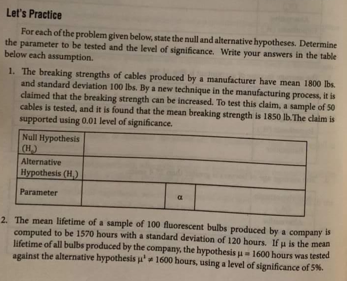 Let's Practice
For each of the problem given below, state the null and alternative hypotheses. Determine
the parameter to be tested and the level of significance. Write your answers in the table
below each assumption.
1. The breaking strengths of cables produced by a manufacturer have mean 1800 lbs.
and standard deviation 100 lbs. By a new technique in the manufacturing process, it is
claimed that the breaking strength can be increased. To test this claim, a sample of 50
cables is tested, and it is found that the mean breaking strength is 1850 lb. The claim is
supported using 0.01 level of significance.
Null Hypothesis
(H₂)
Alternative
Hypothesis (H₂)
Parameter
S
2. The mean lifetime of a sample of 100 fluorescent bulbs produced by a company is
computed to be 1570 hours with a standard deviation of 120 hours. If u is the mean
lifetime of all bulbs produced by the company, the hypothesis μ = 1600 hours was tested
against the alternative hypothesis u¹ # 1600 hours, using a level of significance of 5%.