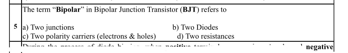 The term "Bipolar" in Bipolar Junction Transistor (BJT) refers to
5 Ja) Two junctions
c) Two polarity carriers (electrons & holes)
b) Two Diodes
d) Two resistances
negative
of
dinda b'
nositivo
