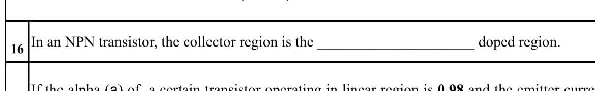 In an NPN transistor, the collector region is the
doped region.
16
If the alnha (a) of a certain transistor onerating in linear region is 0 98 and the enmitter curre
