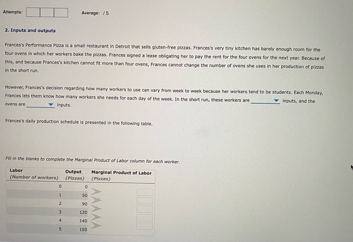 Attempts:
Average: /5
2. Inputs and outputs
Frances's Performance Pizza is a small restaurant in Detroit that sells gluten-free pizzas. Frances's very tiny kitchen has barely enough room for the
four ovens in which her workers bake the pizzas. Frances signed a lease obligating her to pay the rent for the four ovens for the next year. Because of
this, and because Frances's kitchen cannot fit more than four ovens, Frances cannot change the number of ovens she usess in her production of pizzas
in the short run.
However, Frances's decision regarding how many workers to use can vary from week to week because her workers tend to be students. Each Monday,
Frances lets them know how many workers she needs for each day of the week. In the short run, these workers are
▼ inputs, and the
ovens are
v inputs.
Frances's daily production schedule is presented in the following table.
Fill in the blanks to complete the Marginal Product of Labor column for each worker.
Labor
Output
Marginal Product of Labor
(Number of workers)
(Pizzas)
(Pizzas)
50
2
90
3
120
4
140
150
