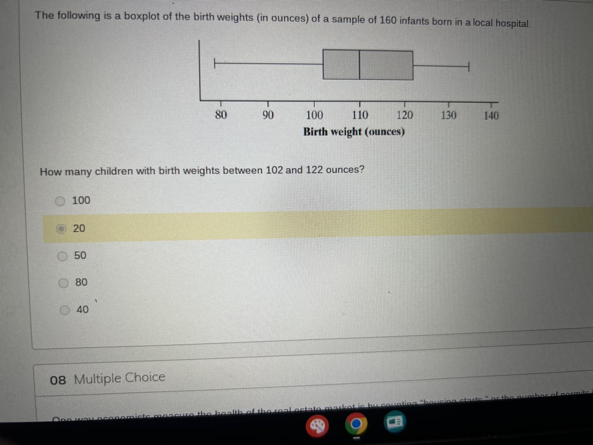 The following is a boxplot of the birth weights (in ounces) of a sample of 160 infants born in a local hospital.
100
20
How many children with birth weights between 102 and 122 ounces?
50
80
40
80
08 Multiple Choice
90
100 110
Birth weight (ounces)
120
One way economists measure the health of the real estate market
by counting
130
housing starts
140
number of normite