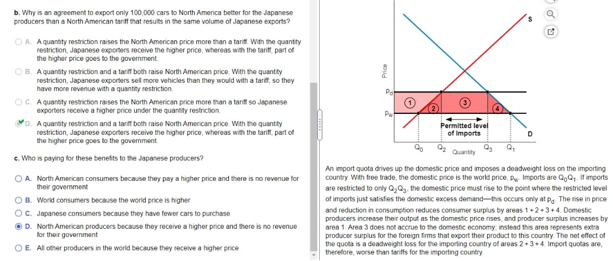 b. Why is an agreement to export only 100,000 cars to North America better for the Japanese
producers than a North American tariff that results in the same volume of Japanese exports?
S
O A. A quantity restriction raises the North American price more than a tariff. With the quantity
restriction, Japanese exporters receive the higher price, whereas with the tariff, part of
the higher price goes to the government.
O B. A quantity restriction and a tariff both raise North American price. With the quantity
restriction, Japanese exporters sell more vehicles than they would with a tariff, so they
have more revenue with a quantity restriction.
Pa
O C. Aquantity restriction raises the North American price more than a tariff so Japanese
exporters receive a higher price under the quantity restriction.
Pw
D. A quantity restriction and a tariff both raise North American price. With the quantity
restriction, Japanese exporters receive the higher price, whereas with the tariff, part of
the higher price goes to the government.
Permitted level
of Imports
Qo
Q2
Quantity
Q3
Q,
c. Who is paying for these benefits to the Japanese producers?
O A. North American consumers because they pay a higher price and there is no revenue for
their government
An import quota drives up the domestic price and imposes a deadweight loss on the importing
country. With free trade, the domestic price is the world price, pw. Imports are Q,Q,. If imports
are restricted to only Q,Q2, the domestic price must rise to the point where the restricted level
O B. World consumers because the world price is higher
of imports just satisfies the domestic excess demand-this occurs only at pa. The rise in price
and reduction in consumption reduces consumer surplus by areas 1+2+3+4. Domestic
producers increase their output as the domestic price rises, and producer surplus increases by
area 1. Area 3 does not accrue to the domestic economy; instead this area represents extra
producer surplus for the foreign firms that export their product to this country. The net effect of
the quota is a deadweight loss for the importing country of areas 2+3+ 4. Import quotas are,
therefore, worse than tariffs for the importing country.
O C. Japanese consumers because they have fewer cars to purchase
O D. North American producers because they receive a higher price and there is no revenue
for their government
O E. All other producers in the world because they receive a higher price
