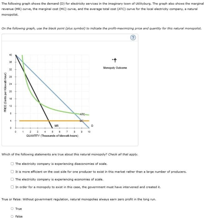 The following graph shows the demand (D) for electricity services in the imaginary town of Utilityburg. The graph also shows the marginal
revenue (MR) curve, the marginal cost (MC) curve, and the average total cost (ATC) curve for the local electricity company, a natural
monopolist.
On the following graph, use the black point (plus symbol) to indicate the profit-maximizing price and quantity for this natural monopolist.
40
38
Monopoły Outcome
32
28
24
20
16
ATC
MC
MR
D.
2
10
QUANTITY (Thousands of kilowatt-hours)
Which of the following statements are true about this natural monopoly? Check all that apply.
O The electricity company is experiencing diseconomies of scale.
O tis more efficient on the cost side for one producer to exist in this market rather than a large number of producers.
O The electricity company is experiencing economies of scale.
O In order for a monopoly to exist in this case, the government must have intervened and created it.
True or False: Without government regulation, natural monopolies always earn zero profit in the long run.
O True
O False
PRICE (Cents per Kilowatt-hour)
