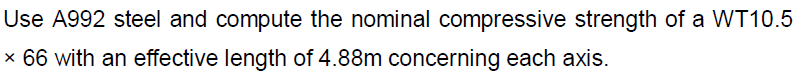 Use A992 steel and compute the nominal compressive strength of a WT10.5
× 66 with an effective length of 4.88m concerning each axis.