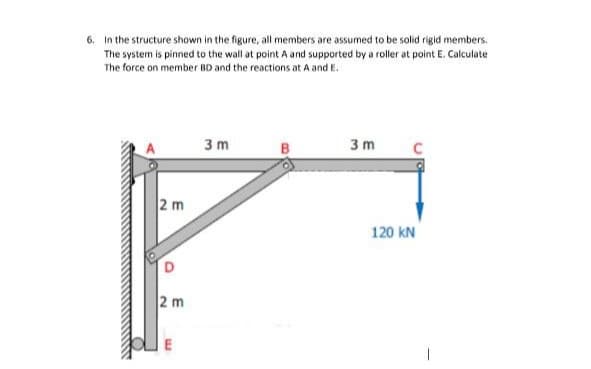 6. In the structure shown in the figure, all members are assumed to be solid rigid members.
The system is pinned to the wall at point A and supported by a roller at point E. Calculate
The force on member BD and the reactions at A and E.
3 m
3 m
2 m
120 kN
2 m
