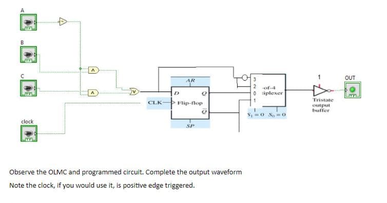 B
TF
OUT
AR
of-4
O tiplexer
ITPL
Tristate
CLK
Flip-flop
output
buffer
S, =0 So =o
clock
SP
TEL
Observe the OLMC and programmed circuit. Complete the output waveform
Note the clock, if you would use it, is positive edge triggered.
OE
3201
A
