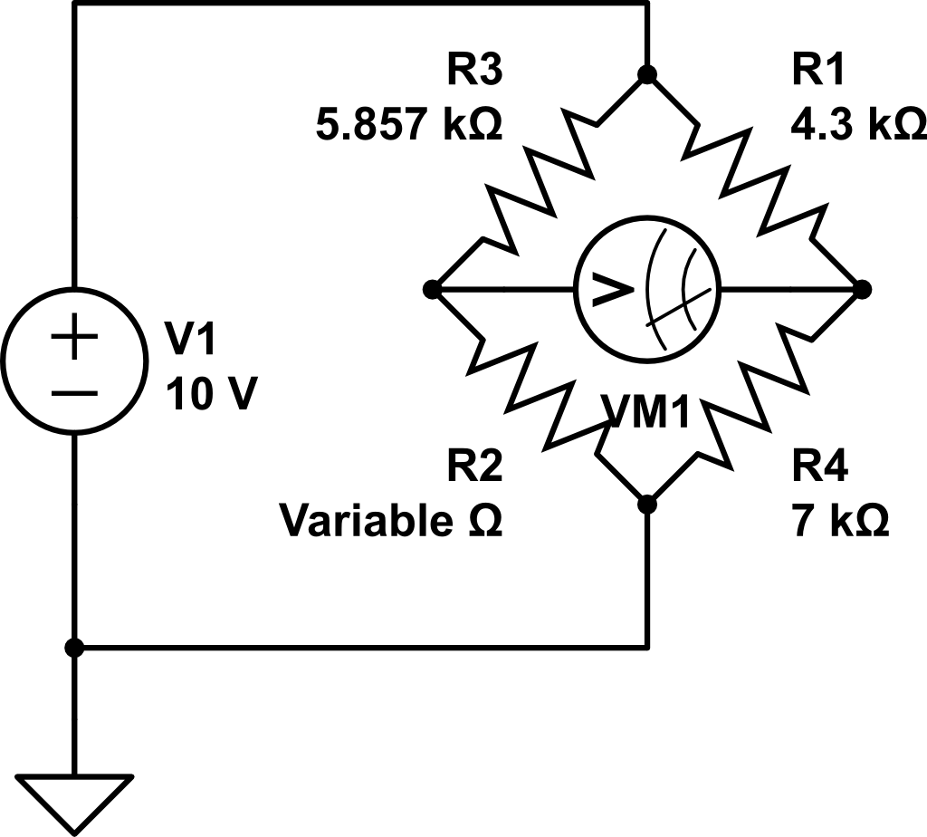 R3
R1
5.857 k2
4.3 k2
V1
10 V
R2
R4
Variable 2
7 kQ
+ 1
