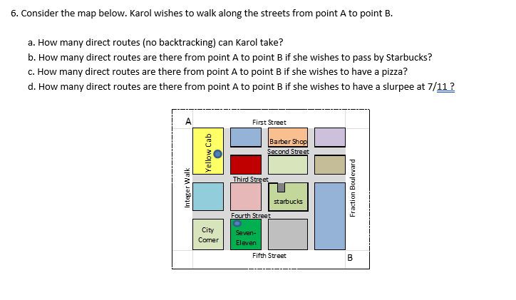 6. Consider the map below. Karol wishes to walk along the streets from point A to point B.
a. How many direct routes (no backtracking) can Karol take?
b. How many direct routes are there from point A to point B if she wishes to pass by Starbucks?
c. How many direct routes are there from point A to point B if she wishes to have a pizza?
d. How many direct routes are there from point A to point B if she wishes to have a slurpee at 7/11?
A.
First Street
Barber Shop
Second Street
Third Street
starbucks
Fourth Street
City
Seven-
Comer
Eleven
Fifth Street
B
Integer Walk
Yellow Cab
Fraction Boulevard
