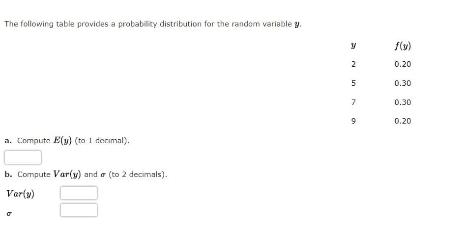 The following table provides a probability distribution for the random variable y.
a. Compute E(y) (to 1 decimal).
b. Compute Var(y) and a (to 2 decimals).
Var(y)
σ
SNS a
Y
2
5
7
9
f(y)
0.20
0.30
0.30
0.20