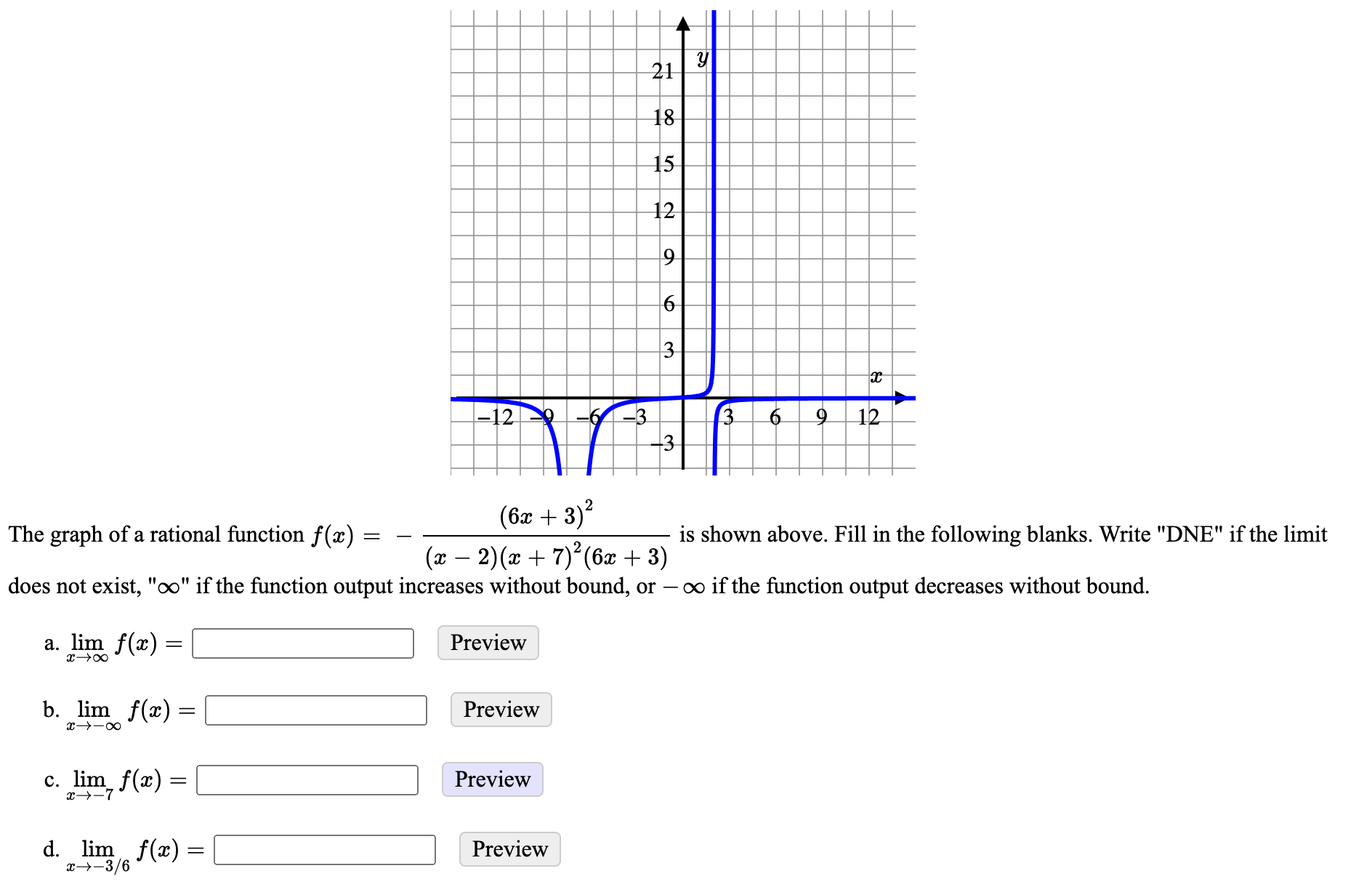 ### Rational Function Graph Analysis

The graph of a rational function \( f(x) = -\dfrac{(6x + 3)^2}{(x - 2)(x + 7)^2 (6x + 3)} \) is shown in the diagram above. This function has vertical and horizontal asymptotes, which are important in determining the function's behavior as \( x \) approaches specific values.

#### Graph Description:
- The graph exhibits a vertical asymptote at \( x = 2 \) and \( x = -7 \), where the function approaches \( +\infty \) or \( -\infty \).
- The graph has a horizontal asymptote at \( y = 0 \), indicating the function stabilizes horizontally as \( x \) approaches \( \pm \infty \).

#### Asymptotic and Limit Behavior:
To analyze the function \( f(x) \) at various points we must use limits:

1. **Limit as \( x \) approaches \( +\infty \)**:
   \[
   \lim_{{x \to +\infty}} f(x) = 
   \]
   The value should be \( 0 \) because the degree of the numerator is less than the degree of the denominator.

2. **Limit as \( x \) approaches \( -\infty \)**:
   \[
   \lim_{{x \to -\infty}} f(x) = 
   \]
   Similarly, the value should be \( 0 \).

3. **Limit as \( x \) approaches \( -7 \)**:
   \[
   \lim_{{x \to -7}} f(x) = 
   \]
   The value should be \( \infty \) or \( -\infty \) due to the vertical asymptote at \( x = -7 \).

4. **Limit as \( x \) approaches \( -\dfrac{3}{6} \)**:
   \[
   \lim_{{x \to -\dfrac{3}{6}}} f(x) = 
   \]
   Since \( -\dfrac{3}{6} \) simplifies to \( -0.5 \), which is not near any vertical asymptotes, this limit should exist and can be computed directly.

#### Fill in the Following Blanks:
- a. \( \