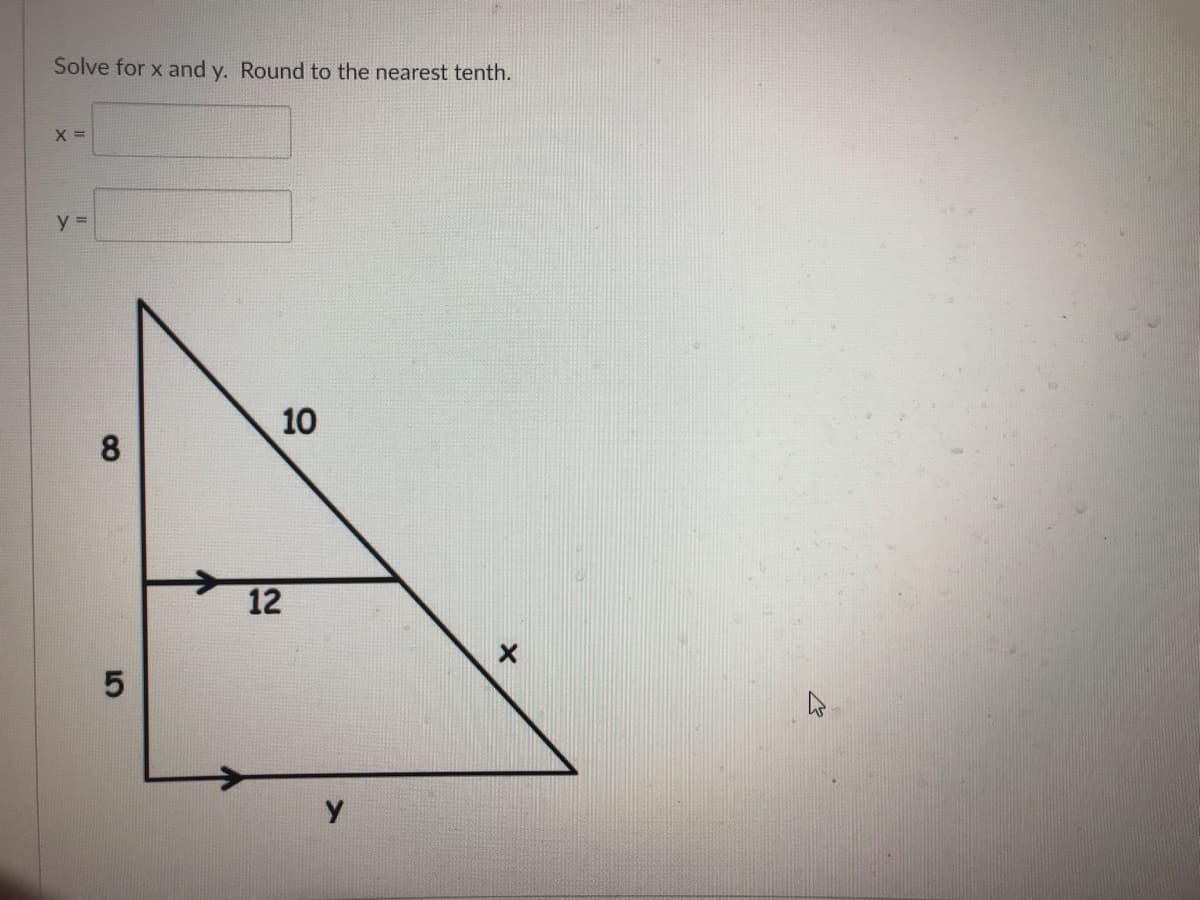 Solve for x and y. Round to the nearest tenth.
y =
10
12
5
