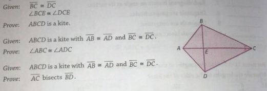 BC = DC
ZBCE LDCE
Given:
Prove:
ABCD is a kite.
Given:
ABCD is a kite with AB AD and BC DC.
Prove:
LABC LADC
A
Given:
ABCD is a kite with AB AD and BC DC.
Prove:
AC bisects BD.
