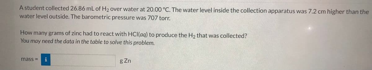 A student collected 26.86 mL of H2 over water at 20.00 °C. The water level inside the collection apparatus was 7.2 cm higher than the
water level outside. The barometric pressure was 707 torr.
How many grams of zinc had to react with HCI(aq) to produce the H2 that was collected?
You may need the data in the table to solve this problem.
mass =
i
g Zn
6.0
