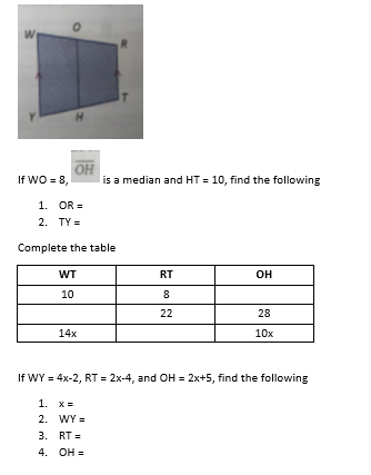 R.
IT
OH
is a median and HT = 10, find the following
If WO = 8,
1. OR =
2. TY =
Complete the table
WT
RT
он
10
22
28
14x
10x
If WY = 4x-2, RT = 2x-4, and OH = 2x+5, find the following
1. х%3
2. WY =
3. RT =
%3D
4. ОН
