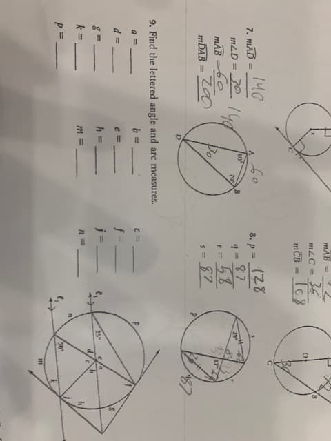 9. Find the lettered angle and arc measures.
d
25
