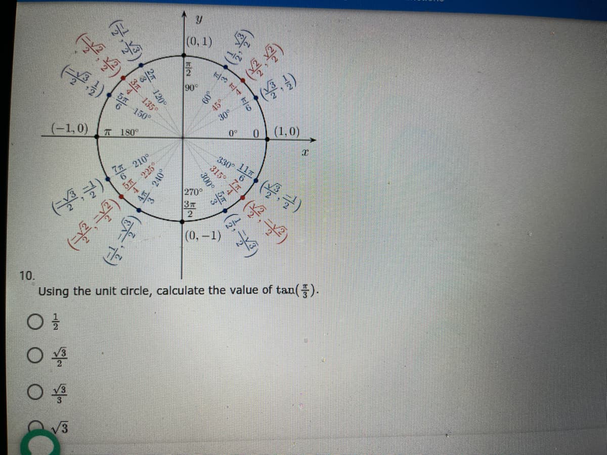 (0,1)
90°
45°
30
(-1,0)
T 180
0°
0.
(1,0)
学)
3元
2
(0,-1)
10.
Using the unit circle, calculate the value of tan().
0号
0導
V3
120°
300
