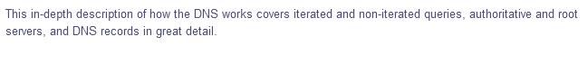 This in-depth description of how the DNS works covers iterated and non-iterated queries, authoritative and root
servers, and DNS records in great detail.
