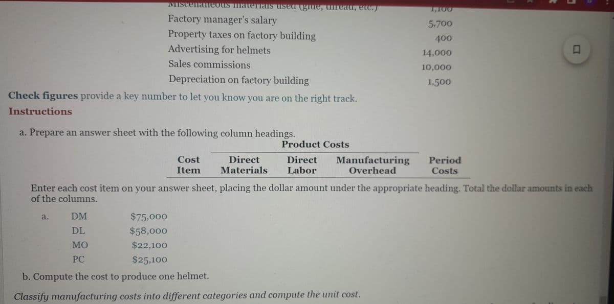 Miscellaneous materials used (grue, unread, etc.)
Factory manager's salary
Property taxes on factory building
Advertising for helmets
Sales commissions
Depreciation on factory building
Check figures provide a key number to let you know you are on the right track.
Instructions
a. Prepare an answer sheet with the following column headings.
Cost
Item
a.
Direct
Materials
Product Costs
Direct
Labor
Manufacturing
Overhead
DM
$75,000
DL
$58,000
MO
$22,100
PC
$25,100
b. Compute the cost to produce one helmet.
Classify manufacturing costs into different categories and compute the unit cost.
1,100
5,700
400
14,000
10,000
1,500
Enter each cost item on your answer sheet, placing the dollar amount under the appropriate heading. Total the dollar amounts in each
of the columns.
Period
Costs