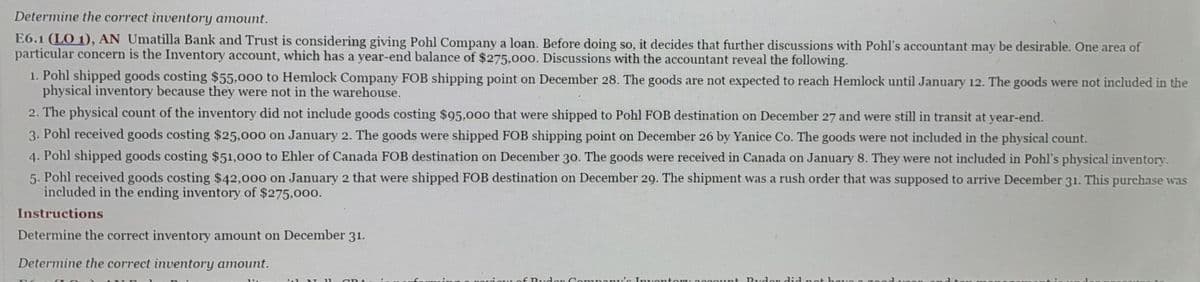 Determine the correct inventory amount.
E6.1 (LO 1), AN Umatilla Bank and Trust is considering giving Pohl Company a loan. Before doing so, it decides that further discussions with Pohl's accountant may be desirable. One area of
particular concern is the Inventory account, which has a year-end balance of $275,000. Discussions with the accountant reveal the following.
1. Pohl shipped goods costing $55,000 to Hemlock Company FOB shipping point on December 28. The goods are not expected to reach Hemlock until January 12. The goods were not included in the
physical inventory because they were not in the warehouse.
2. The physical count of the inventory did not include goods costing $95,000 that were shipped to Pohl FOB destination on December 27 and were still in transit at year-end.
3. Pohl received goods costing $25,000 on January 2. The goods were shipped FOB shipping point on December 26 by Yanice Co. The goods were not included in the physical count.
4. Pohl shipped goods costing $51,000 to Ehler of Canada FOB destination on December 30. The goods were received in Canada on January 8. They were not included in Pohl's physical inventory.
5. Pohl received goods costing $42,000 on January 2 that were shipped FOB destination on December 29. The shipment was a rush order that was supposed to arrive December 31. This purchase was
included in the ending inventory of $275,000.
Instructions
Determine the correct inventory amount on December 31.
Determine the correct inventory amount.
1'A
al M-11
of Ryder Company's Inventory account Puder did not have a