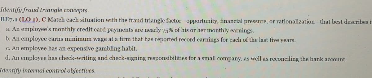Identify fraud triangle concepts.
BE7.1 (LO 1), C Match each situation with the fraud triangle factor-opportunity, financial pressure, or rationalization-that best describes it
a. An employee's monthly credit card payments are nearly 75% of his or her monthly earnings.
b. An employee earns minimum wage at a firm that has reported record earnings for each of the last five years.
c. An employee has an expensive gambling habit.
d. An employee has check-writing and check-signing responsibilities for a small company, as well as reconciling the bank account.
Identify internal control objectives.