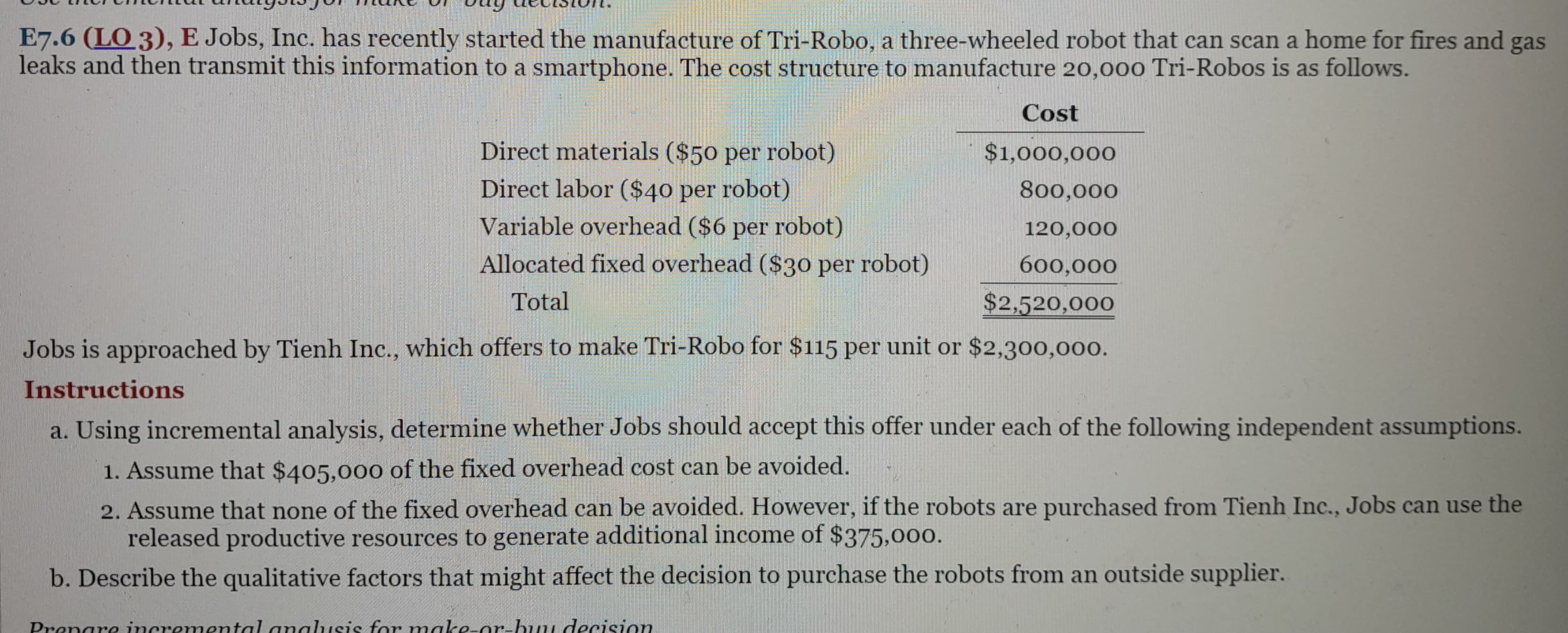 E7.6 (LO 3), E Jobs, Inc. has recently started the manufacture of Tri-Robo, a three-wheeled robot that can scan a home for fires and gas
leaks and then transmit this information to a smartphone. The cost structure to manufacture 20,000 Tri-Robos is as follows.
Cost
$1,000,000
800,000
120,000
600,000
$2,520,000
Jobs is approached by Tienh Inc., which offers to make Tri-Robo for $115 per unit or $2,300,000.
Instructions
a. Using incremental analysis, determine whether Jobs should accept this offer under each of the following independent assumptions.
1. Assume that $405,000 of the fixed overhead cost can be avoided.
2. Assume that none of the fixed overhead can be avoided. However, if the robots are purchased from Tienh Inc., Jobs can use the
released productive resources to generate additional income of $375,000.
b. Describe the qualitative factors that might affect the decision to purchase the robots from an outside supplier.
Direct materials ($50 per robot)
Direct labor ($40 per robot)
Variable overhead ($6 per robot)
Allocated fixed overhead ($30 per robot)
Total
Prenare incremental analysis for make-or-buu decision