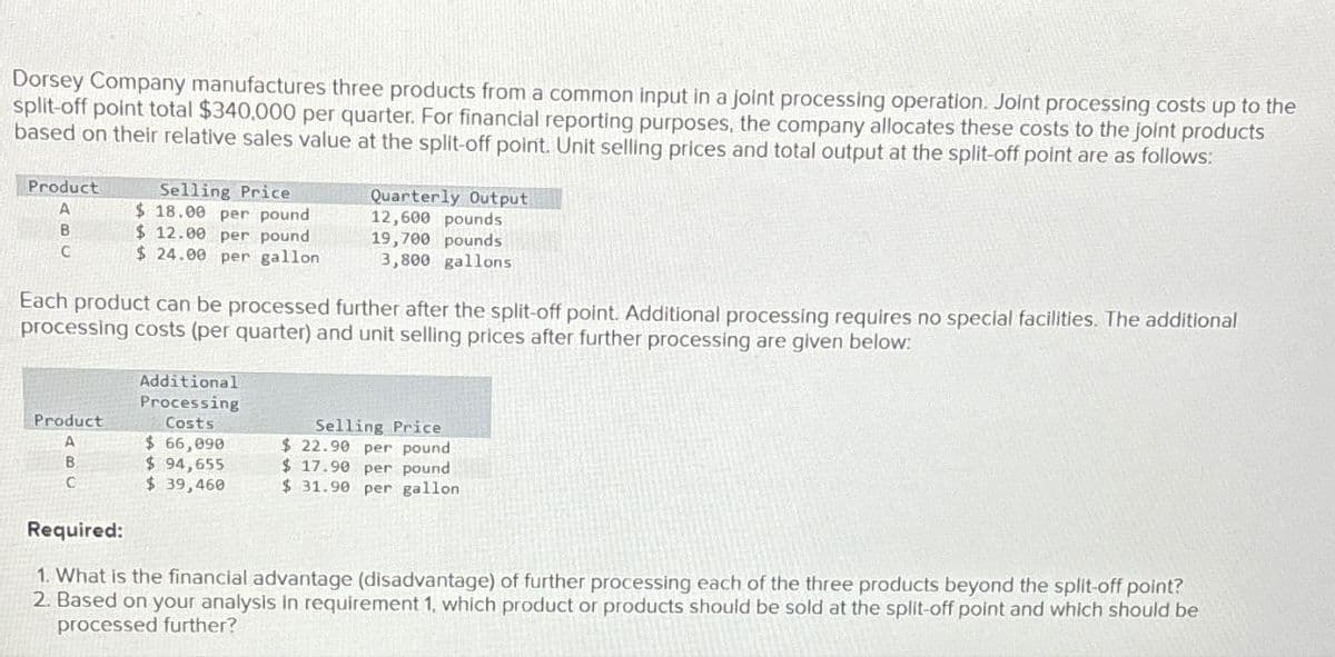 Dorsey Company manufactures three products from a common input in a joint processing operation. Joint processing costs up to the
split-off point total $340,000 per quarter. For financial reporting purposes, the company allocates these costs to the joint products
based on their relative sales value at the split-off point. Unit selling prices and total output at the split-off point are as follows:
Product
Selling Price
Quarterly Output
A
$ 18.00 per pound
12,600 pounds
B
$ 12.00 per pound
19,700 pounds
C
$ 24.00 per gallon
3,800 gallons
Each product can be processed further after the split-off point. Additional processing requires no special facilities. The additional
processing costs (per quarter) and unit selling prices after further processing are given below:
Additional
Processing
Costs
Selling Price
Product
A
$ 66,090
$ 22.90 per pound
B
$ 94,655
$ 17.90 per pound
C
$ 39,460
$ 31.90 per gallon
Required:
1. What is the financial advantage (disadvantage) of further processing each of the three products beyond the split-off point?
2. Based on your analysis in requirement 1, which product or products should be sold at the split-off point and which should be
processed further?