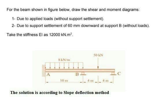 For the beam shown in figure below, draw the shear and moment diagrams:
1- Due to applied loads (without support settlement).
2- Due to support settlement of 60 mm downward at support B (without loads).
Take the stiffness El as 12000 kN.m?.
50 kN
8 kN/m
B
10 m
4 m
4 m
The solution is according to Slope deflection method
