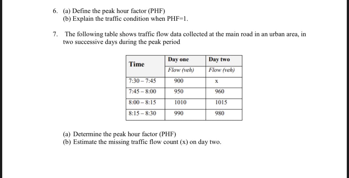 6. (a) Define the peak hour factor (PHF)
(b) Explain the traffic condition when PHF=1.
7. The following table shows traffic flow data collected at the main road in an urban area, in
two successive days during the peak period
Day one
Day two
Time
Flow (veh)
Flow (veh)
7:30 – 7:45
900
7:45 – 8:00
950
960
8:00 – 8:15
1010
1015
8:15 – 8:30
990
980
(a) Determine the peak hour factor (PHF)
(b) Estimate the missing traffic flow count (x) on day two.
