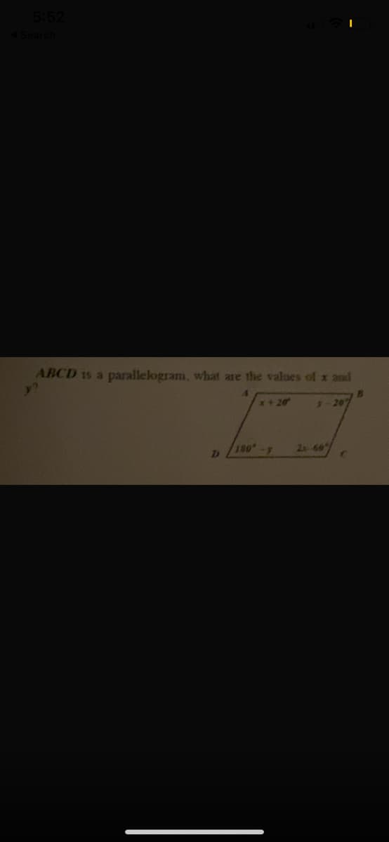 ABCD is a parallelogram, what are the values of x and
x+20
3-207
130-y
21 60°
