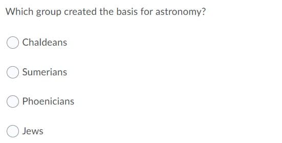 Which group created the basis for astronomy?
Chaldeans
Sumerians
Phoenicians
Jews
