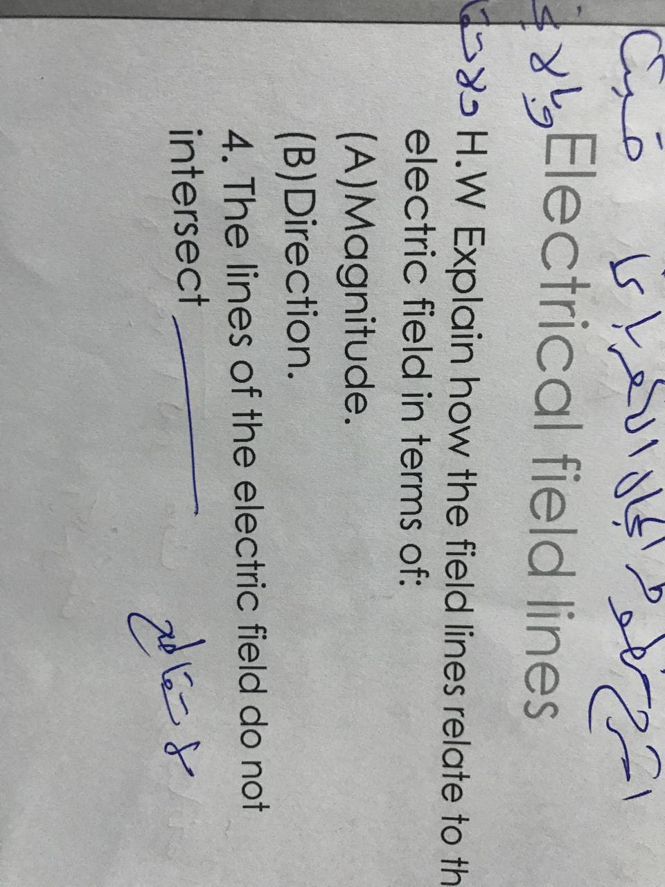 SElectrical field lines
B8H.W Explain how the field lines relate to th
electric field in terms of:
(A)Magnitude.
(B) Direction.
4. The lines of the electric field do not
intersect

