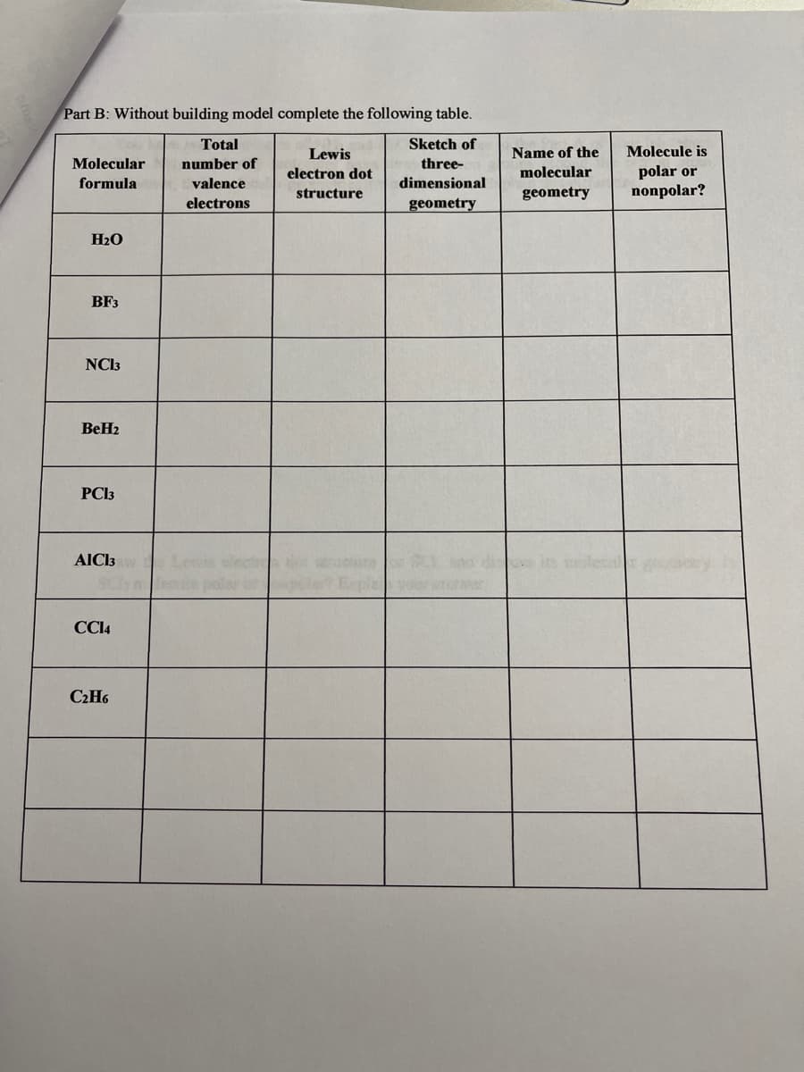 Part B: Without building model complete the following table.
Total
Sketch of
Lewis
Name of the
Molecule is
Molecular
number of
three-
polar or
nonpolar?
electron dot
molecular
formula
valence
dimensional
structure
geometry
electrons
geometry
H2O
BF3
NC13
BeH2
PCI3
AICl3
CCI4
C2H6
