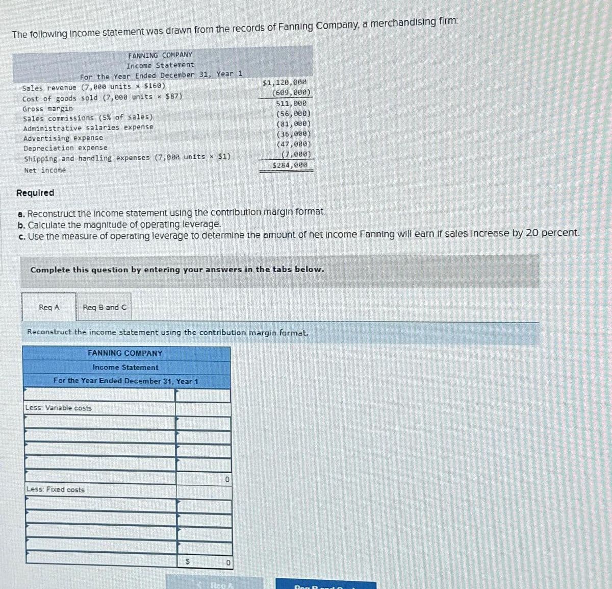 The following Income statement was drawn from the records of Fanning Company, a merchandising firm:
Sales revenue (7,000 units x $160)
Cost of goods sold (7,000 units * $87)
Gross margin
Sales commissions (5% of sales)
Administrative salaries expense
Required
For the Year Ended December 31, Year 1
Advertising expense
Depreciation expense
Shipping and handling expenses (7,000 units * $1)
Net income
FANNING COMPANY
Income Statement
Req A
a. Reconstruct the Income statement using the contribution margin format.
b. Calculate the magnitude of operating leverage.
c. Use the measure of operating leverage to determine the amount of net Income Fanning will earn If sales Increase by 20 percent.
Complete this question by entering your answers in the tabs below.
Reg B and C
FANNING COMPANY
Income Statement
For the Year Ended December 31, Year 1
Less: Variable costs
Reconstruct the income statement using the contribution margin format.
Less: Fixed costs
$1,120,088
(609,000)
511,000
(56,000)
(81,000)
(36,000)
(7,000)
$284,000
$
0
Dan Rado