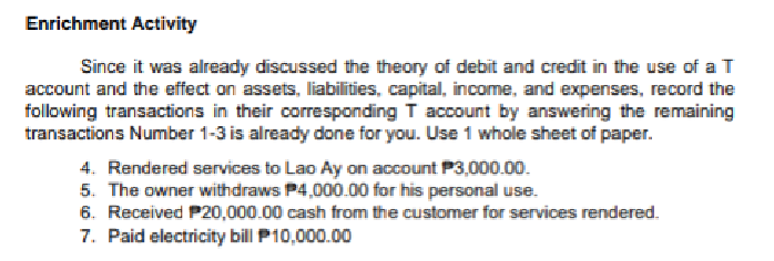 Enrichment Activity
Since it was already discussed the theory of debit and credit in the use of a T
account and the effect on assets, liabilities, capital, income, and expenses, record the
following transactions in their corresponding T account by answering the remaining
transactions Number 1-3 is already done for you. Use 1 whole sheet of paper.
4. Rendered services to Lao Ay on account P3,000.00.
5. The owner withdraws P4,000.00 for his personal use.
6. Received P20,000.00 cash from the customer for services rendered.
7. Paid electricity bill P10,000.00
