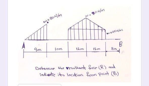 BON/m
w=80N/m
9m
(om
12m
12m
Determine the vesultant ferce (R) and
indieste its location frem Point (B)
